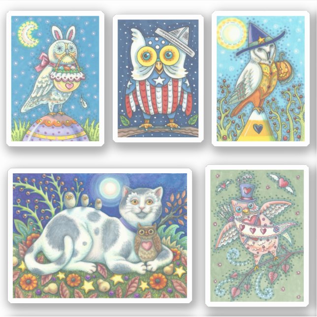 CUTE FOLK ART BIRDS, WHIMSICAL HOLIDAY OWL ART STICKER (Front)