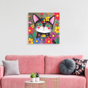 Cute Folk Art Black Cat and Flowers Canvas Print