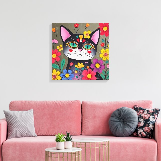 Cute Folk Art Black Cat and Flowers Canvas Print (Insitu(LivingRoom))