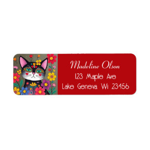 Cute Folk Art Black Cat and Flowers Label