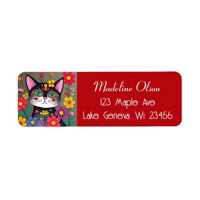 Cute Folk Art Black Cat and Flowers Label (Front)