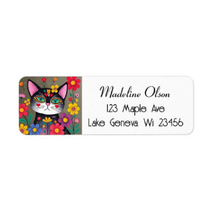 Cute Folk Art Black Cat and Flowers Label