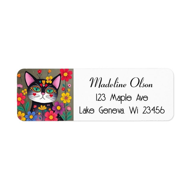 Cute Folk Art Black Cat and Flowers Label (Front)