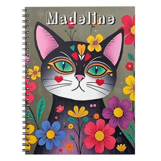 Cute Folk Art Black Cat and Flowers Personalized Notebook (Front)