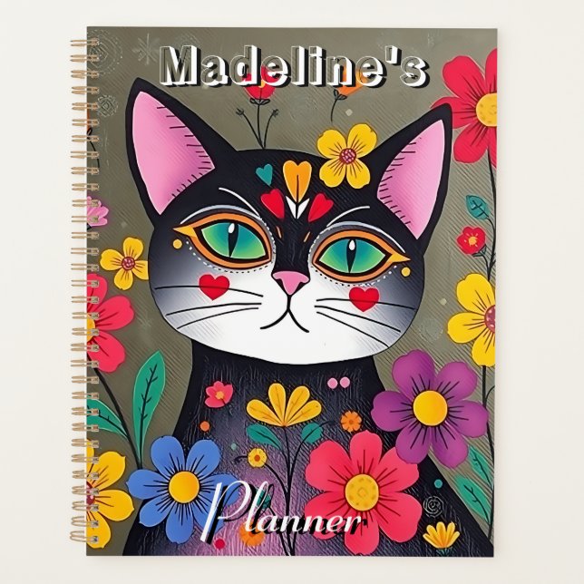 Cute Folk Art Black Cat and Flowers Personalized Planner (Front)