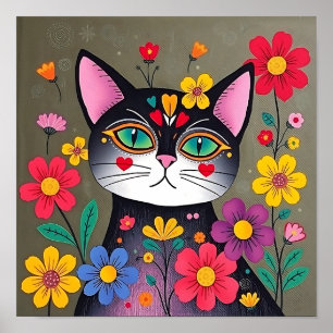 Cute Folk Art Black Cat and Flowers Poster