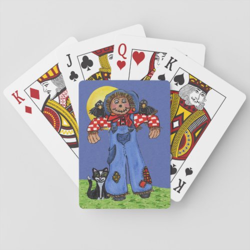 Cute Folk Art Blue Jeans Scarecrow Crows Halloween Poker Cards