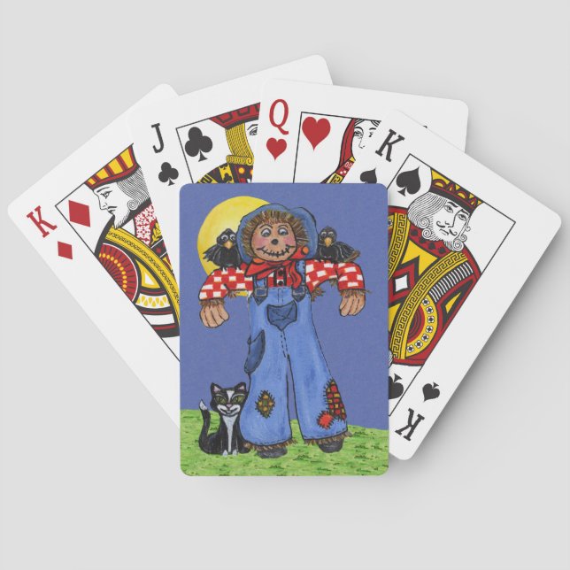 Cute Folk Art Blue Jeans Scarecrow Crows Halloween Poker Cards (Back)