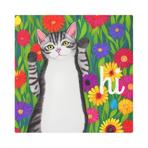 Cute Folk Art Cat saying Hi among Flowers