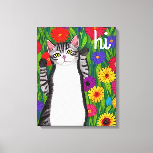 Cute Folk Art Cat saying Hi among Flowers Canvas Print