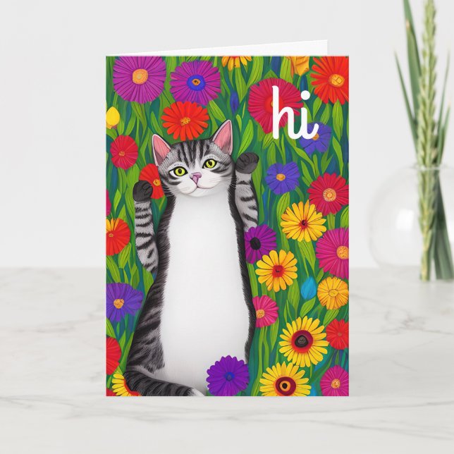 Cute Folk Art Cat saying Hi among Flowers Card (Front)