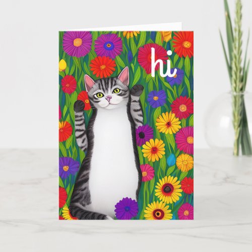 Cute Folk Art Cat saying Hi among Flowers Card