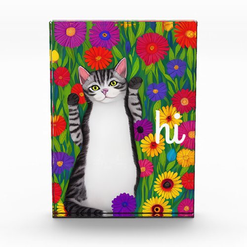 Cute Folk Art Cat saying Hi among Flowers Photo Block