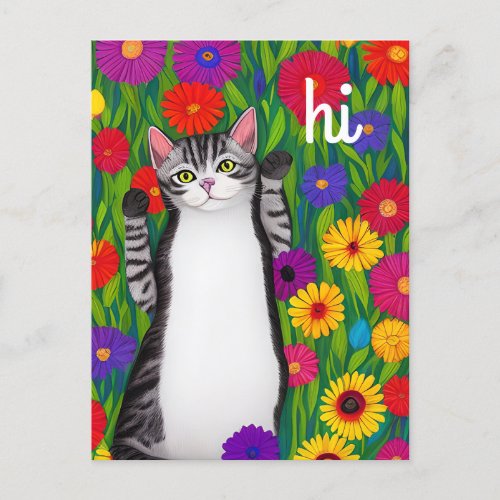 Cute Folk Art Cat saying Hi among Flowers Postcard