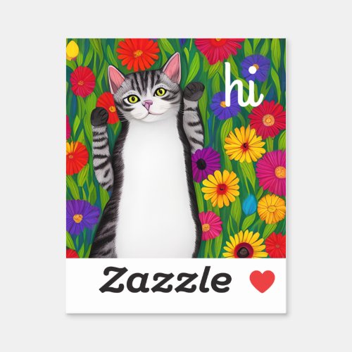 Cute Folk Art Cat saying Hi among Flowers Sticker