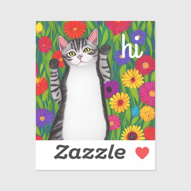 Cute Folk Art Cat saying Hi among Flowers Sticker (Sheet)