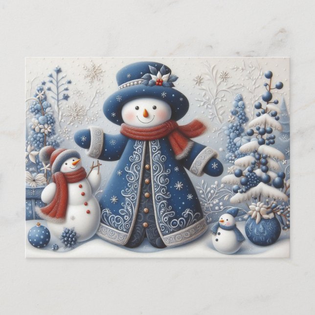 Cute Folk Art Christmas Snowman Postcard (Front)