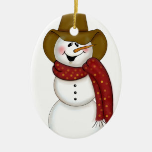 Cute Folk Art Cowboy Snowman Ceramic Ornament