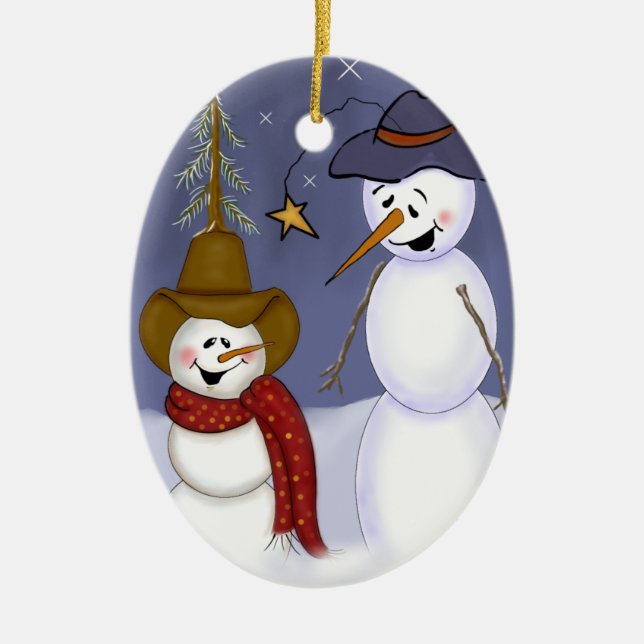 Cute Folk Art Cowboy Snowman Ceramic Ornament (Front)