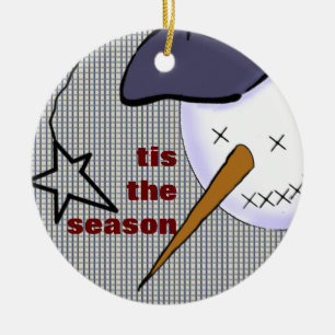 Cute Folk Art Cowboy Snowman Ceramic Ornament