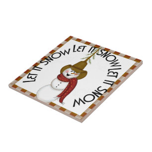 Cute Folk Art Cowboy Snowman Christmas Ceramic Tile