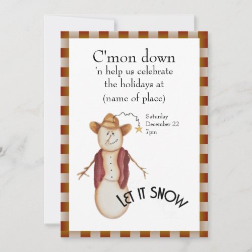 Cute Folk Art Cowboy Snowman Christmas Invitation