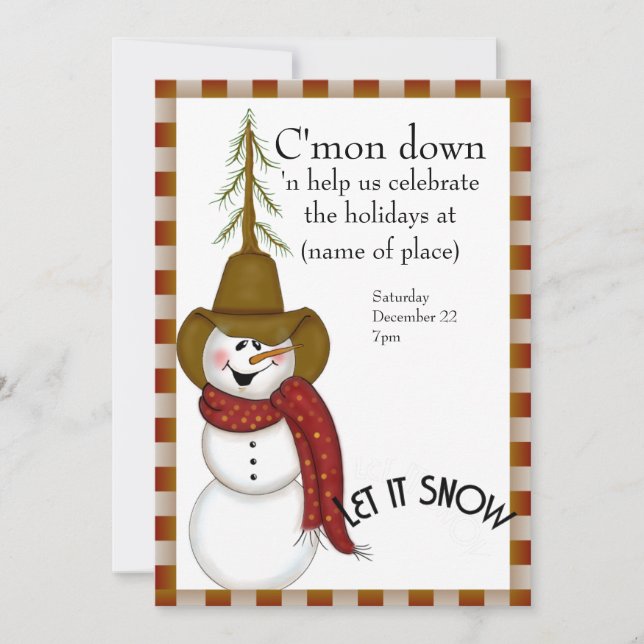 Cute Folk Art Cowboy Snowman Christmas Invitation (Front)