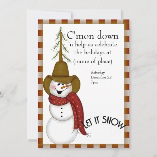 Cute Folk Art Cowboy Snowman Christmas Invitation