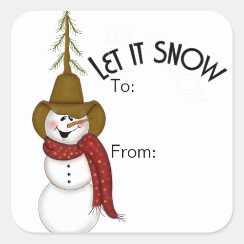 Cute Folk Art Cowboy Snowman Square Sticker