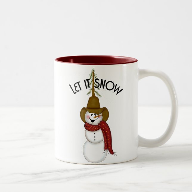 Cute Folk Art Cowboy Snowman Two-Tone Coffee Mug (Right)