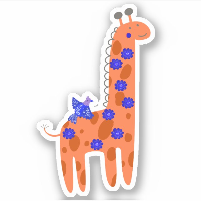 Cute Folk Art Giraffe Bird Orange Blue Laptop Sticker (Front)