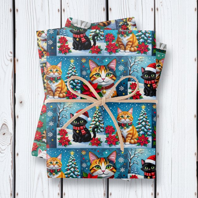Cute Folk Art Impasto Cat Festive Christmas Wrapping Paper Sheets (Creator Uploaded)
