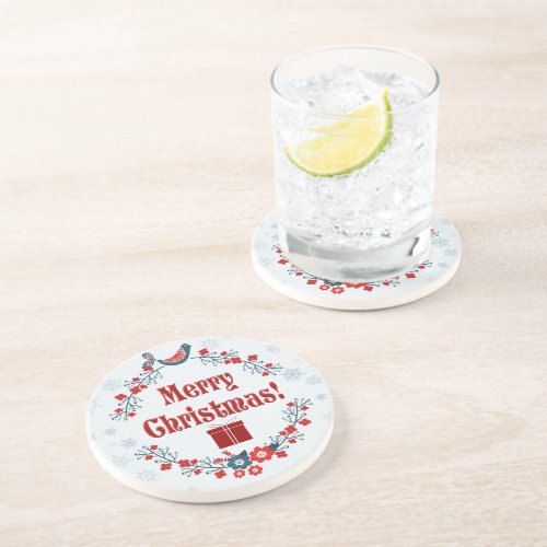 Cute Folk Art Merry Christmas Wreath Coaster