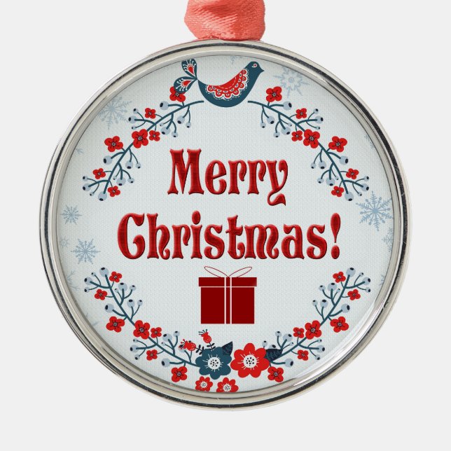 Cute Folk Art Merry Christmas Wreath Metal Ornament (Front)