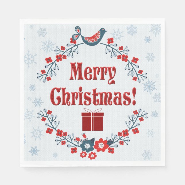 Cute Folk Art Merry Christmas Wreath Napkins (Front)