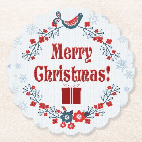 Cute Folk Art Merry Christmas Wreath Paper Coaster