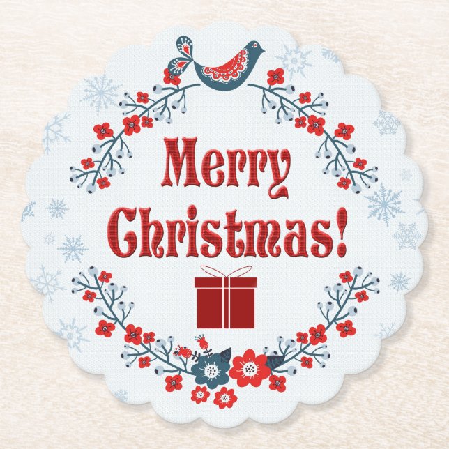 Cute Folk Art Merry Christmas Wreath Paper Coaster (Front)