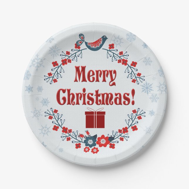 Cute Folk Art Merry Christmas Wreath  Paper Plates (Front)