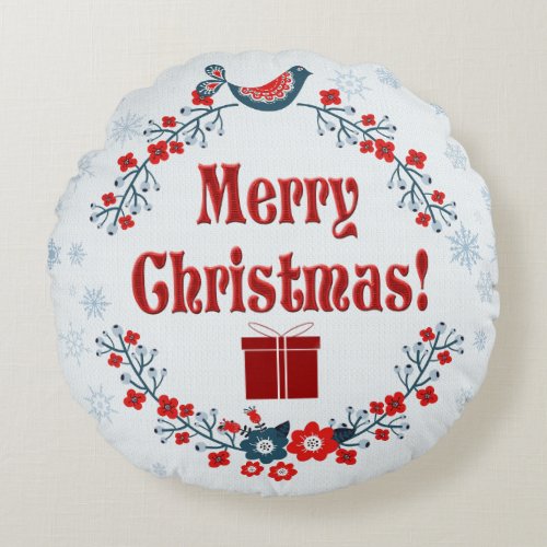 Cute Folk Art Merry Christmas Wreath Round Pillow