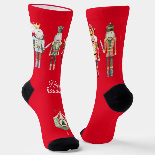 Cute folk art Nutcracker Tradtional Xmas Red Socks (Angled)
