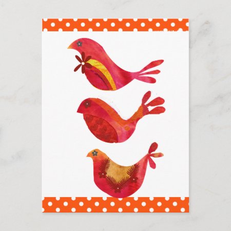 Cute Folk Art Red Bird Trio Watercolor Postcard