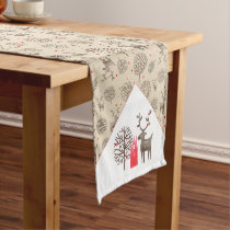 Cute Folk Art Reindeer Trees Pattern | Vintage Tan Short Table Runner