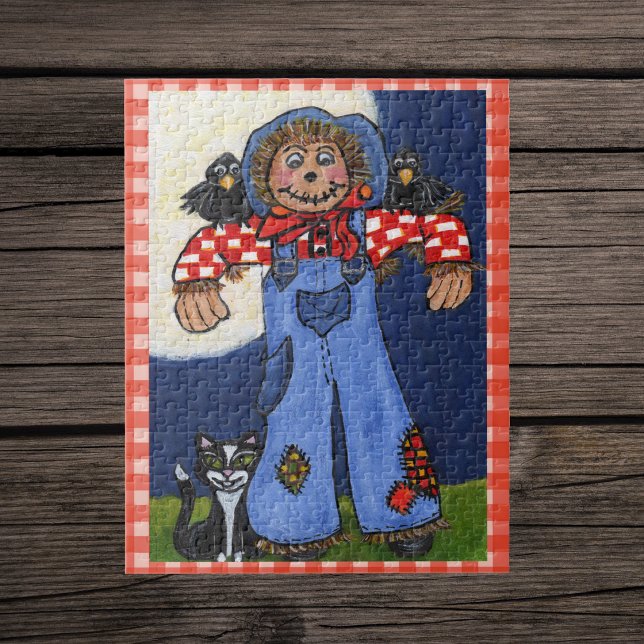 Cute Folk Art Scarerow Cat Crows on Plaid Jigsaw Puzzle (Cute scarecrow plain shirt overalls with cat and crows big moon plaid border jigsaw puzzle.)