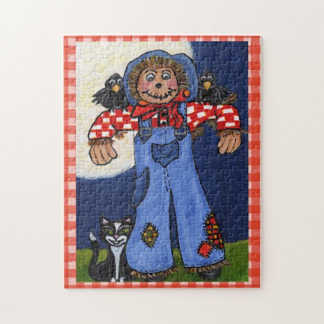 Cute Folk Art Scarerow Cat Crows on Plaid Jigsaw Puzzle (Vertical)