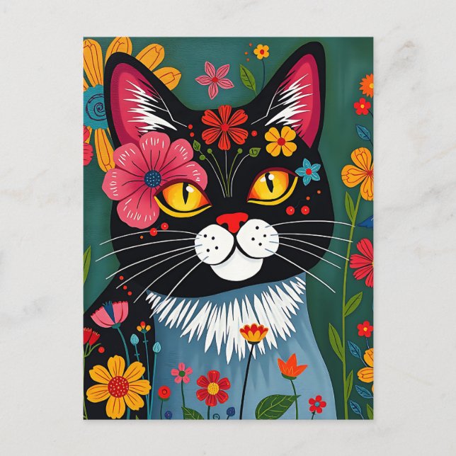 Cute Folk Art Whimsical Cat and Flowers Postcard (Front)
