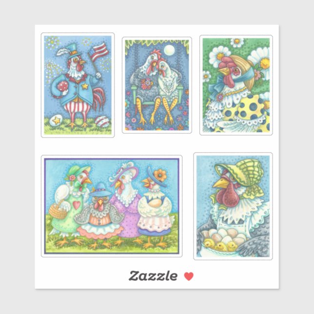 CUTE FOLK ART WHIMSICAL CHICKEN AND HEN STICKERS (Sheet)