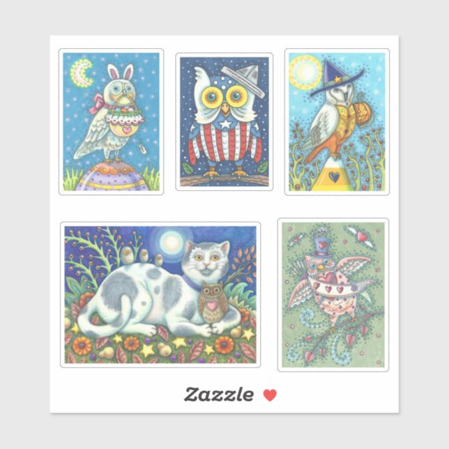 CUTE FOLK ART WHIMSICAL HOLIDAY OWL STICKERS (Sheet)