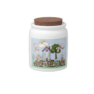 Cute Folk Country House and Picket Fence Art Candy Jar