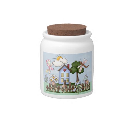 Cute Folk Country House And Picket Fence Art Candy Jar