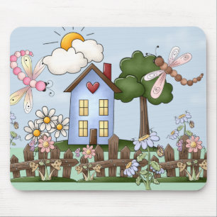 Cute Folk Country House and Picket Fence Art Mouse Pad
